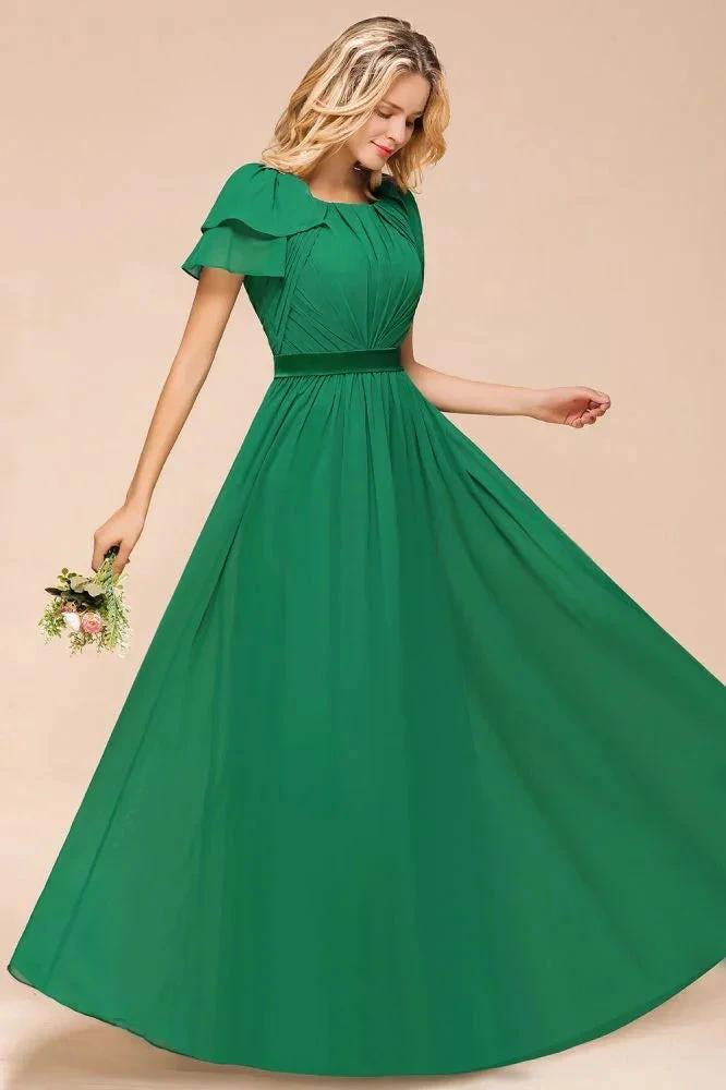 Puff Sleeve Floor Length Bridesmaid Dress A-line Wedding Guest Dress by misshow.com