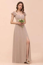 Puff Sleeve Khaki Bridesmaid Dress Side Spolit Maid of honor dress by misshow.com