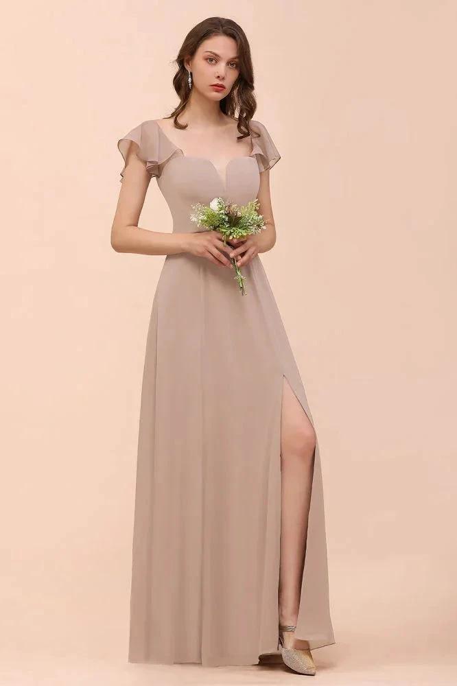 Puff Sleeve Khaki Bridesmaid Dress Side Spolit Maid of honor dress by misshow.com