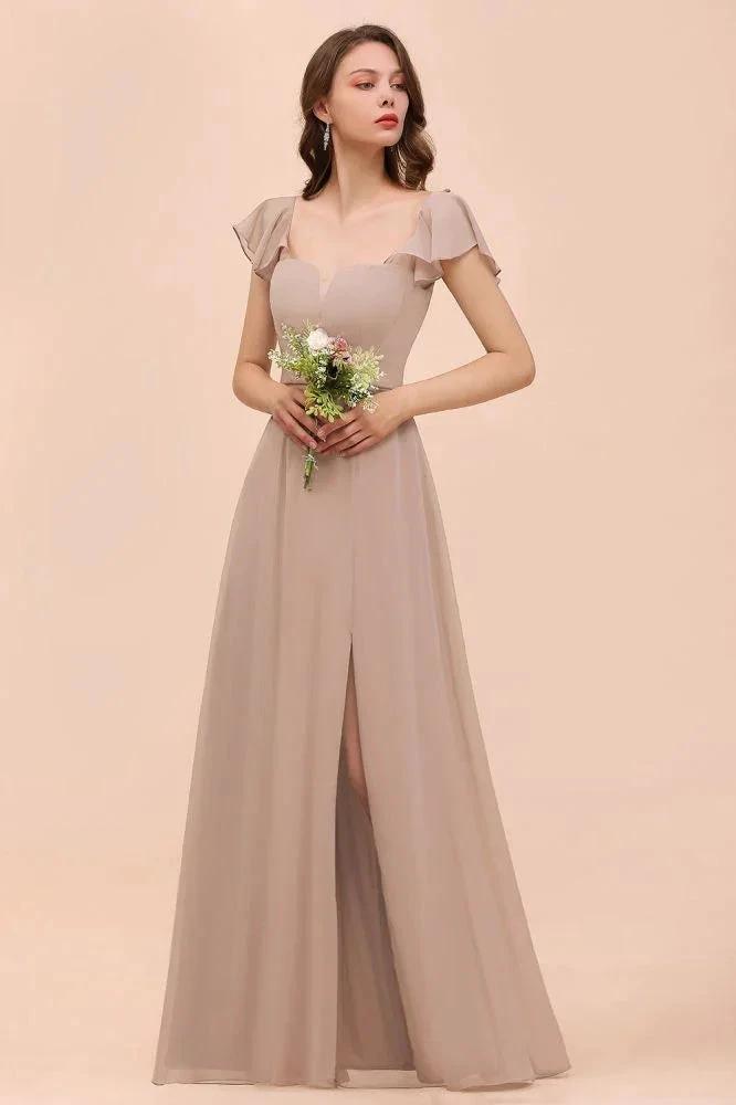 Puff Sleeve Khaki Bridesmaid Dress Side Spolit Maid of honor dress by misshow.com