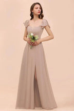 Puff Sleeve Khaki Bridesmaid Dress Side Spolit Maid of honor dress by misshow.com