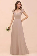 Puff Sleeve Khaki Bridesmaid Dress Side Spolit Maid of honor dress by misshow.com