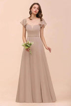 Puff Sleeve Khaki Bridesmaid Dress Side Spolit Maid of honor dress by misshow.com