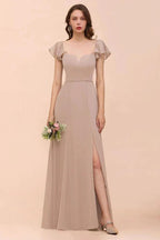 Puff Sleeve Khaki Bridesmaid Dress Side Spolit Maid of honor dress by misshow.com