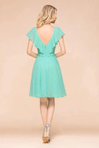 Puffy Knee Length Bridesmaid Dress Chiffon V-Neck Casual Short Dress by misshow.com