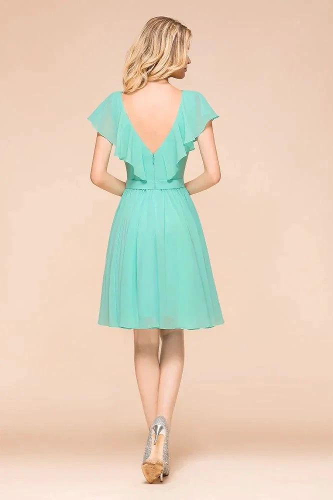 Puffy Knee Length Bridesmaid Dress Chiffon V-Neck Casual Short Dress by misshow.com