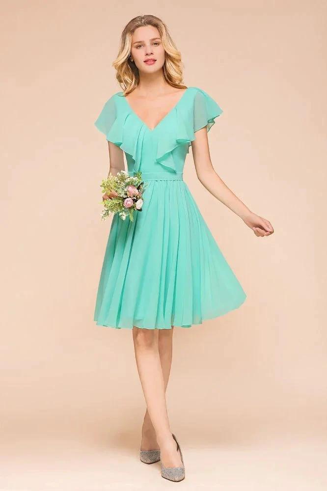 Puffy Knee Length Bridesmaid Dress Chiffon V-Neck Casual Short Dress by misshow.com