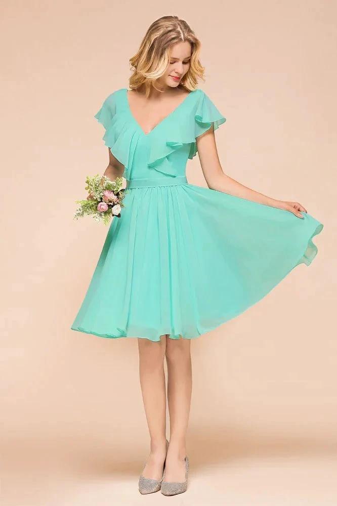 Puffy Knee Length Bridesmaid Dress Chiffon V-Neck Casual Short Dress by misshow.com