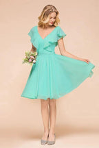 Puffy Knee Length Bridesmaid Dress Chiffon V-Neck Casual Short Dress by misshow.com