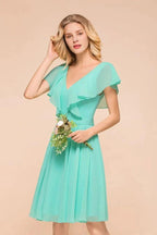 Puffy Knee Length Bridesmaid Dress Chiffon V-Neck Casual Short Dress by misshow.com