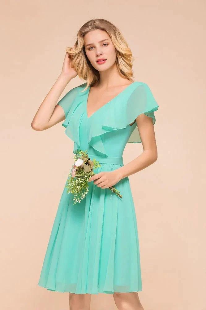 Puffy Knee Length Bridesmaid Dress Chiffon V-Neck Casual Short Dress by misshow.com