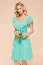 Puffy Knee Length Bridesmaid Dress Chiffon V-Neck Casual Short Dress by misshow.com