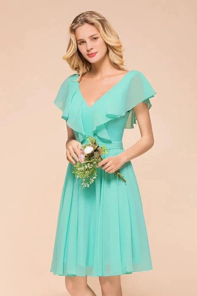 Puffy Knee Length Bridesmaid Dress Chiffon V-Neck Casual Short Dress by misshow.com