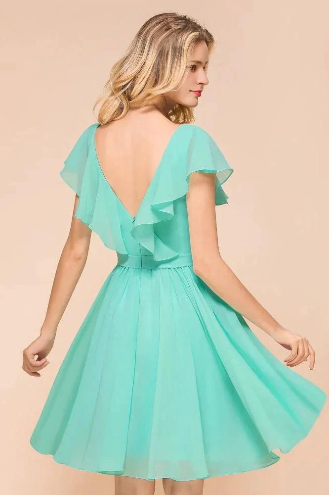 Puffy Knee Length Bridesmaid Dress Chiffon V-Neck Casual Short Dress by misshow.com