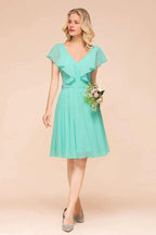 Puffy Knee Length Bridesmaid Dress Chiffon V-Neck Casual Short Dress by misshow.com