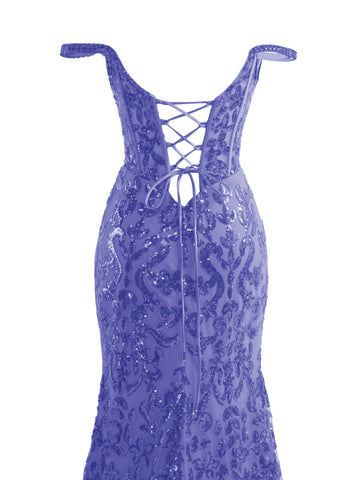 Lilafarbenes, langes Ballkleid mit Pailletten und Schlitz