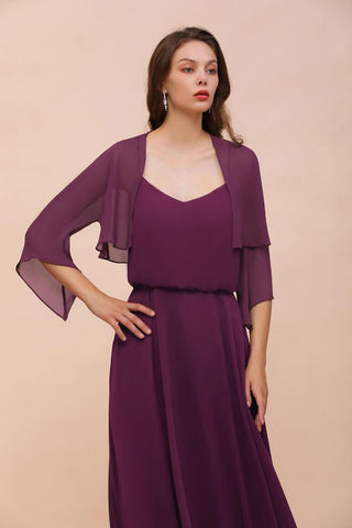 Vestido morado de dama de honor con tirantes finos, largo hasta el suelo, informal