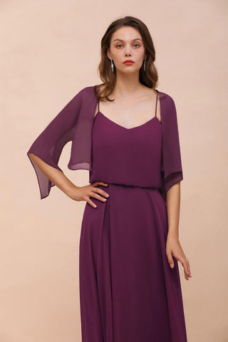 Vestido morado de dama de honor con tirantes finos, largo hasta el suelo, informal