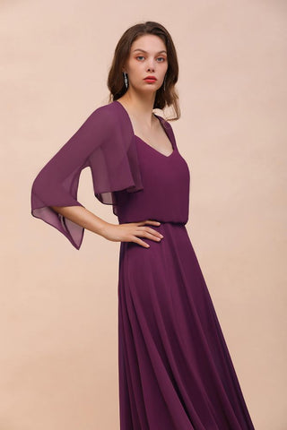 Vestido morado de dama de honor con tirantes finos, largo hasta el suelo, informal
