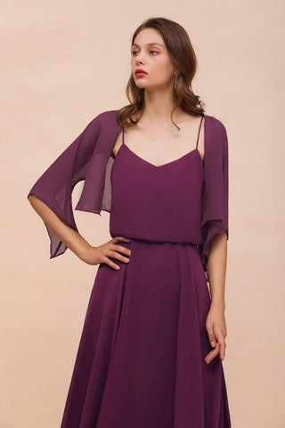 Vestido morado de dama de honor con tirantes finos, largo hasta el suelo, informal