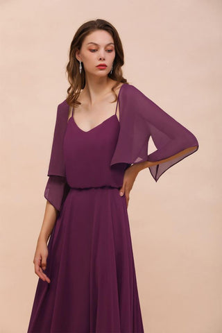 Vestido morado de dama de honor con tirantes finos, largo hasta el suelo, informal