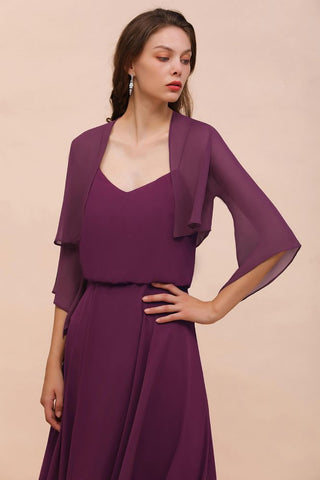 Vestido morado de dama de honor con tirantes finos, largo hasta el suelo, informal