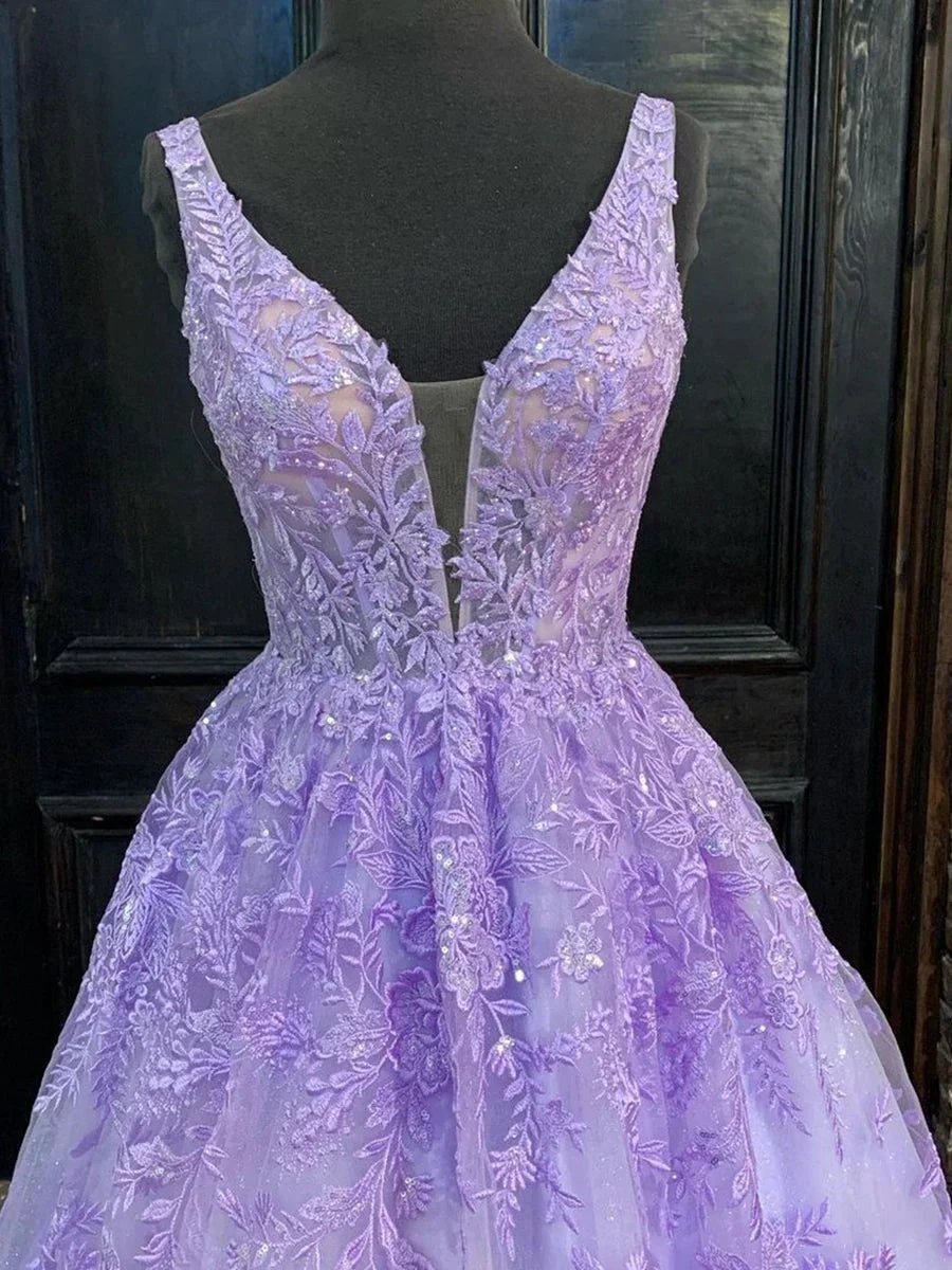 Purple Long A-line V Neck Tulle Lace Prom Formal Graduation Evening Dresses by BIZTUNNEL