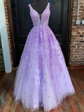 Purple Long A-line V Neck Tulle Lace Prom Formal Graduation Evening Dresses by BIZTUNNEL