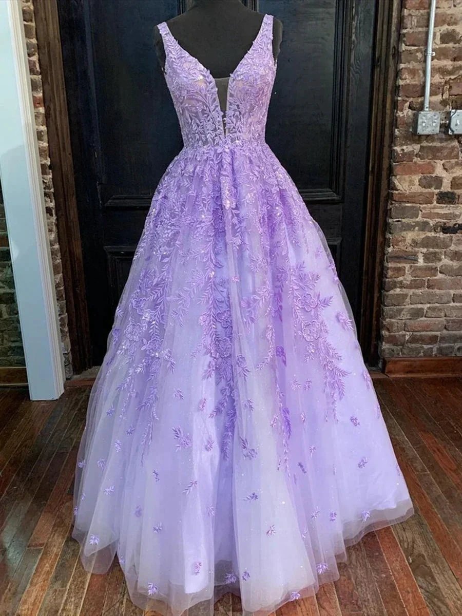 Purple Long A-line V Neck Tulle Lace Prom Formal Graduation Evening Dresses by BIZTUNNEL