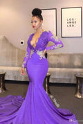 Purple Long Prom Dresses Deep V-neck Lace Mermaid Evening Gowns by misshow.com