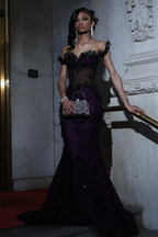 Luxury Black Sequin Mermaid Prom Dress – Illusion Corset Bodice with 3D Beaded Lace & Off-the-Shoulder Detail | 2026 Gothic Glamour Evening Collection (ZD17397)