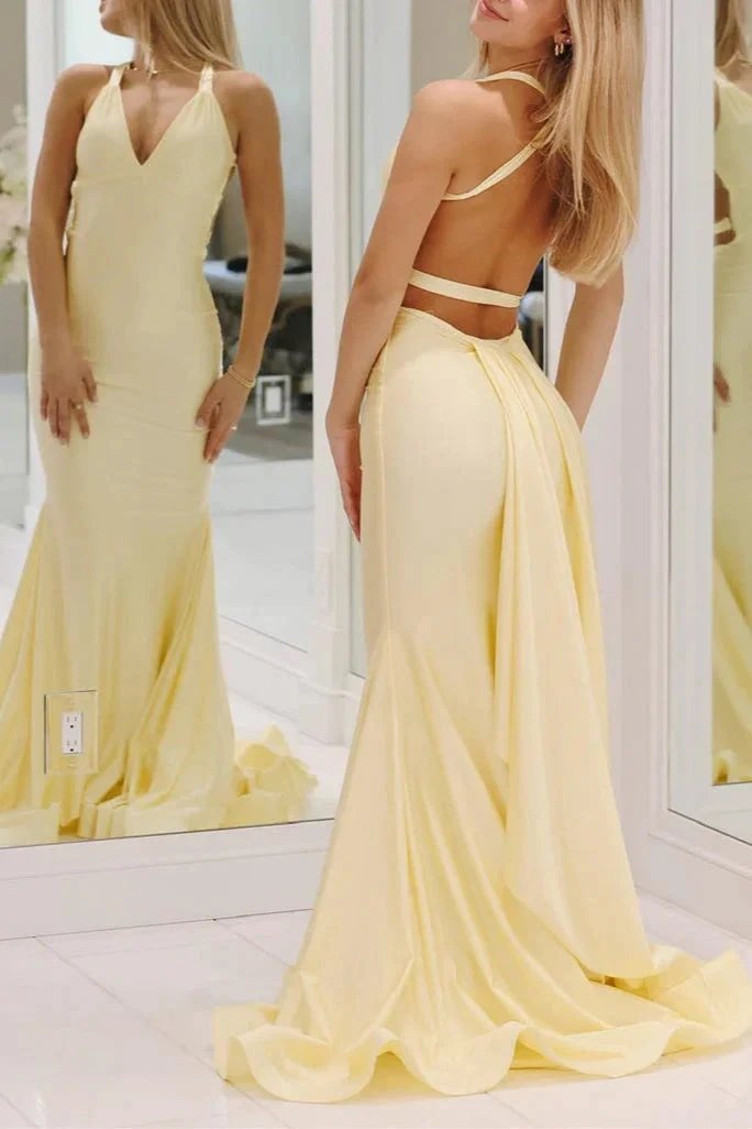 Quaylee | Yellow Mermaid V-Neck Satin Prom Dresses With Tail Evening Dress by KissProm