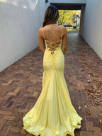 Quinlee | Yellow V Neck Satin Mermaid Long Prom Dress With Split by KissProm