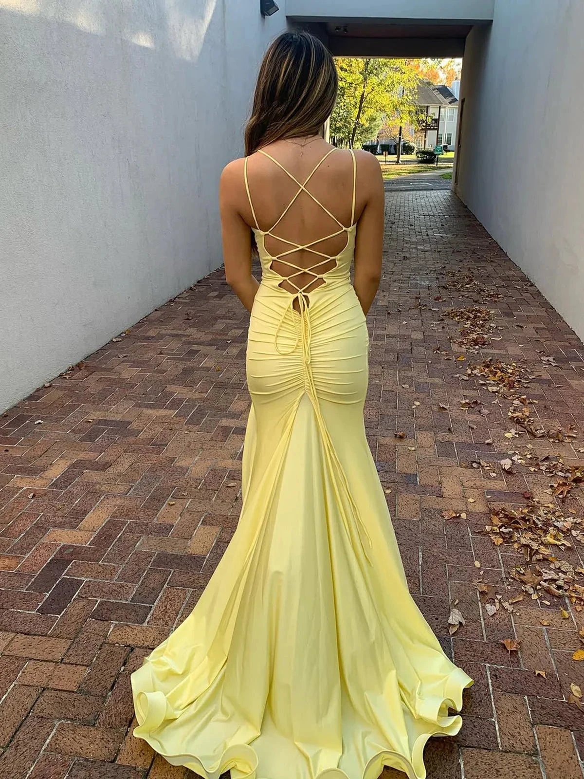 Quinlee | Yellow V Neck Satin Mermaid Long Prom Dress With Split by KissProm