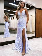 Raddix | Mermaid Deep V Neck Blue Sequins Lace Long Prom Dresses with Slit by KissProm