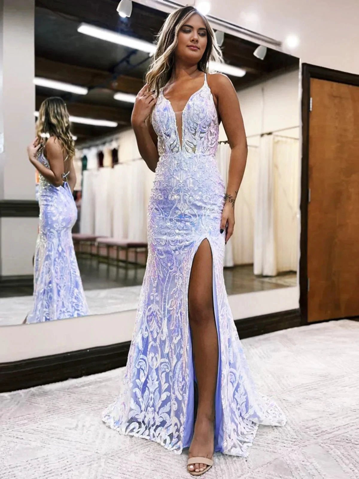 Raddix | Mermaid Deep V Neck Blue Sequins Lace Long Prom Dresses with Slit by KissProm