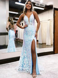 Raddix | Mermaid Deep V Neck Blue Sequins Lace Long Prom Dresses with Slit by KissProm
