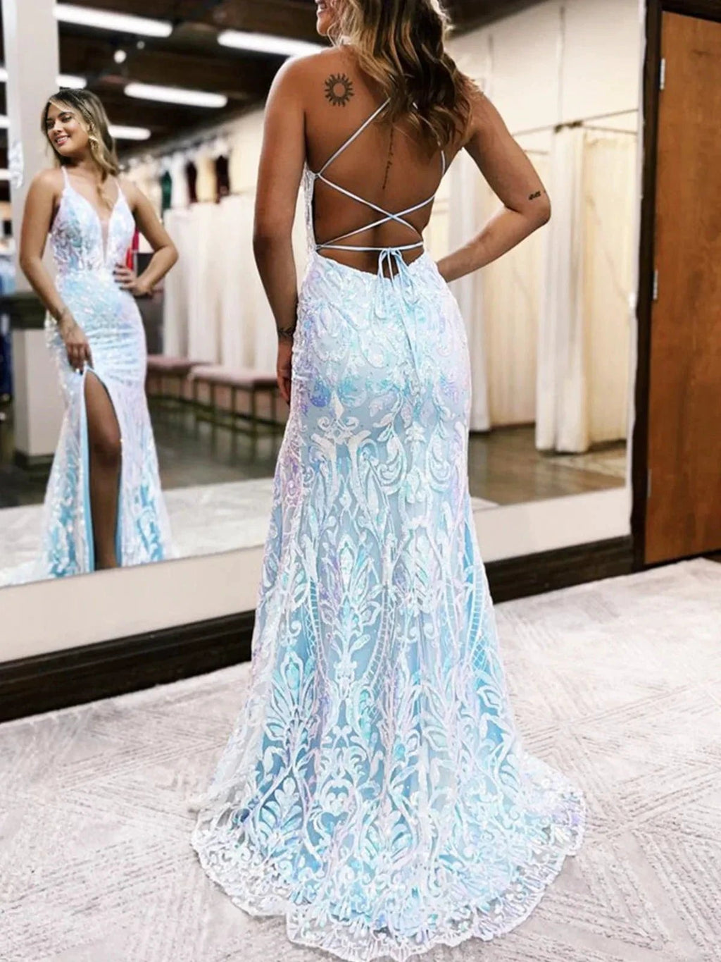 Raddix | Mermaid Deep V Neck Blue Sequins Lace Long Prom Dresses with Slit by KissProm