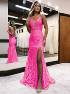 Raddix | Mermaid Deep V Neck Blue Sequins Lace Long Prom Dresses with Slit by KissProm
