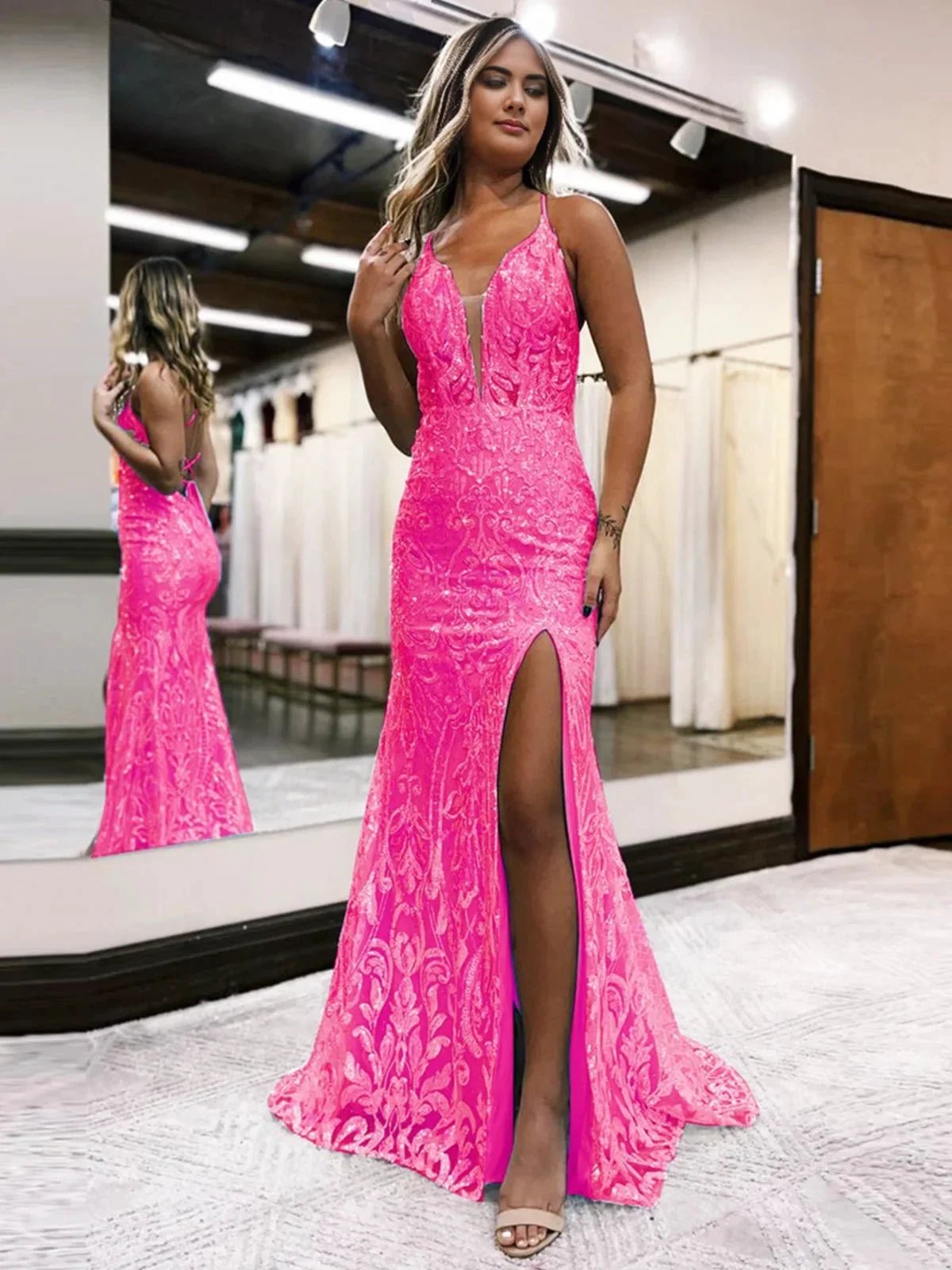 Raddix | Mermaid Deep V Neck Blue Sequins Lace Long Prom Dresses with Slit by KissProm