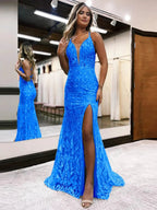 Raddix | Mermaid Deep V Neck Blue Sequins Lace Long Prom Dresses with Slit by KissProm