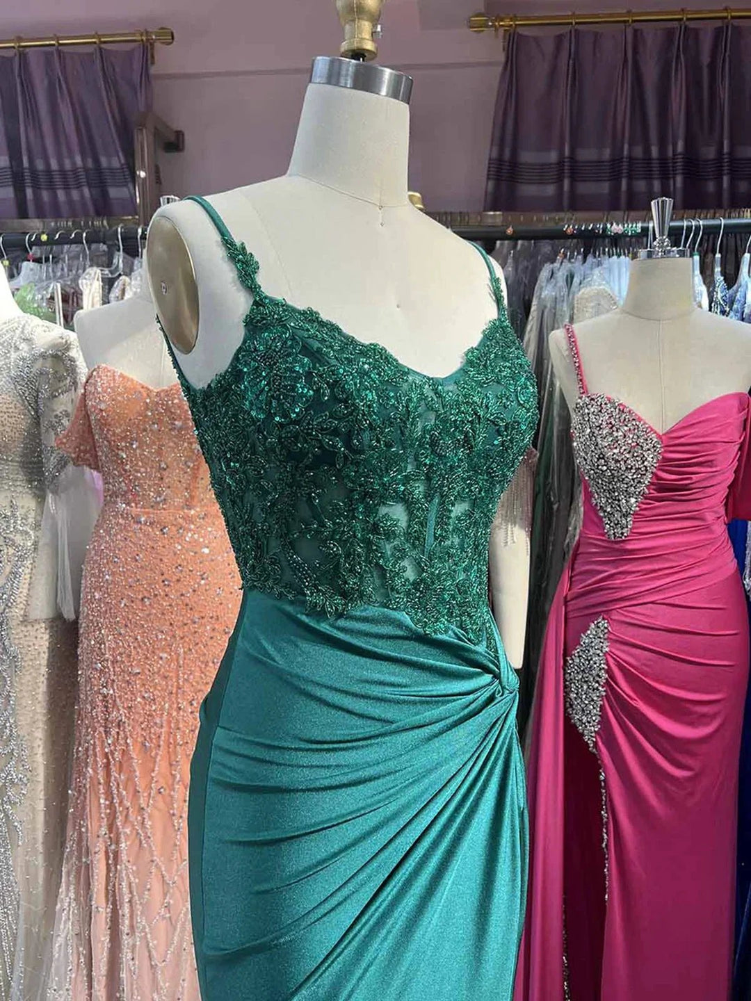 Rafenild | Green V Neck Beading Satin Long Slit Prom Dresses by KissProm