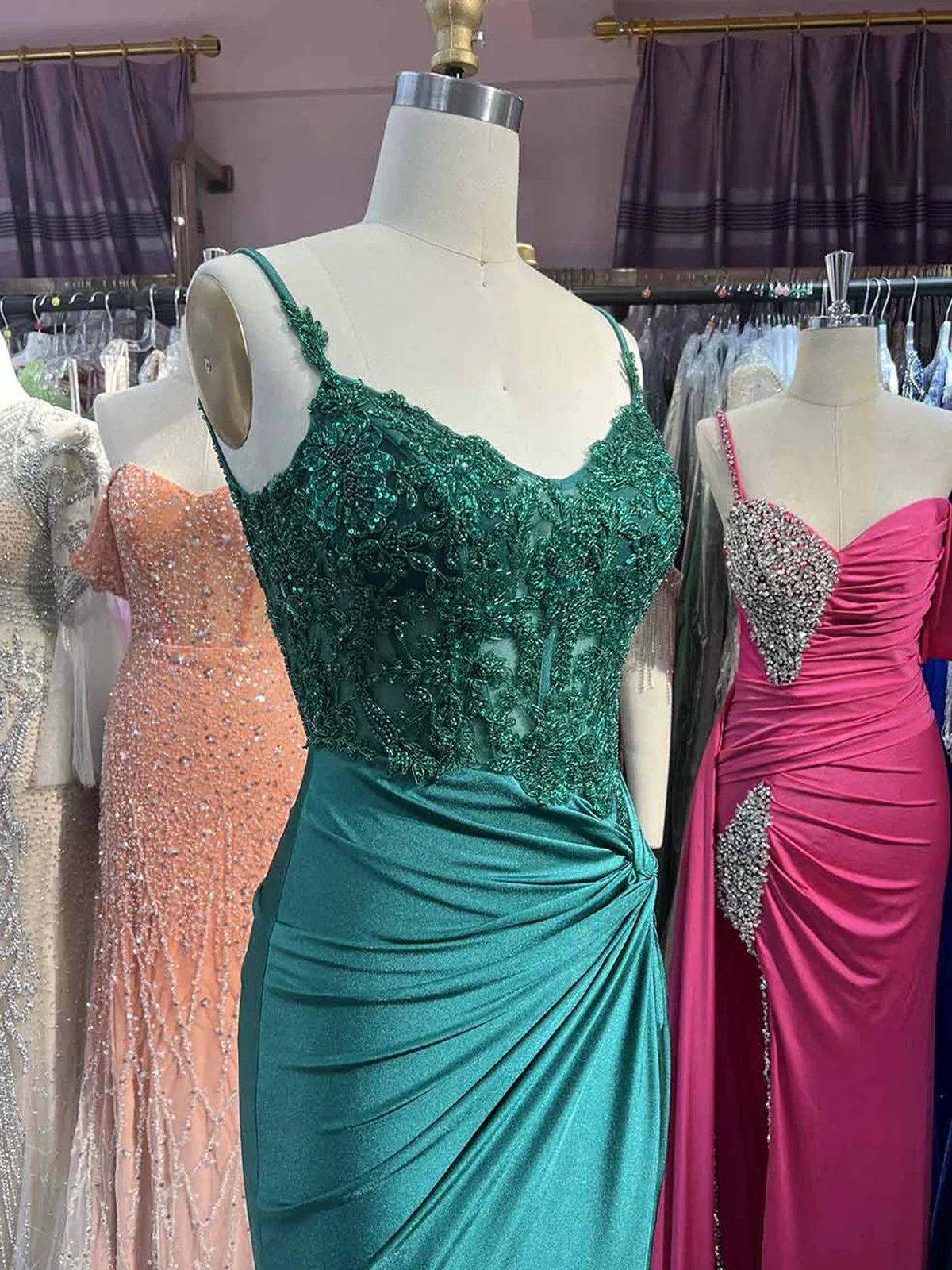 Rafenild | Green V Neck Beading Satin Long Slit Prom Dresses by KissProm