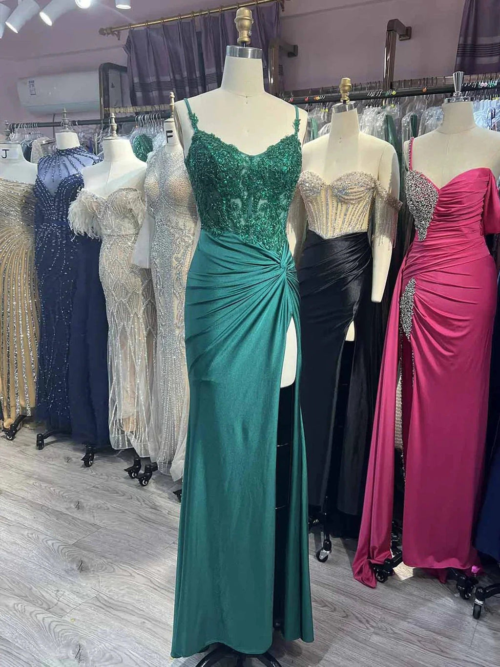 Rafenild | Green V Neck Beading Satin Long Slit Prom Dresses by KissProm