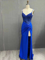 Rafenild | Green V Neck Beading Satin Long Slit Prom Dresses by KissProm