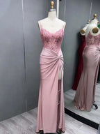 Rafenild | Green V Neck Beading Satin Long Slit Prom Dresses by KissProm