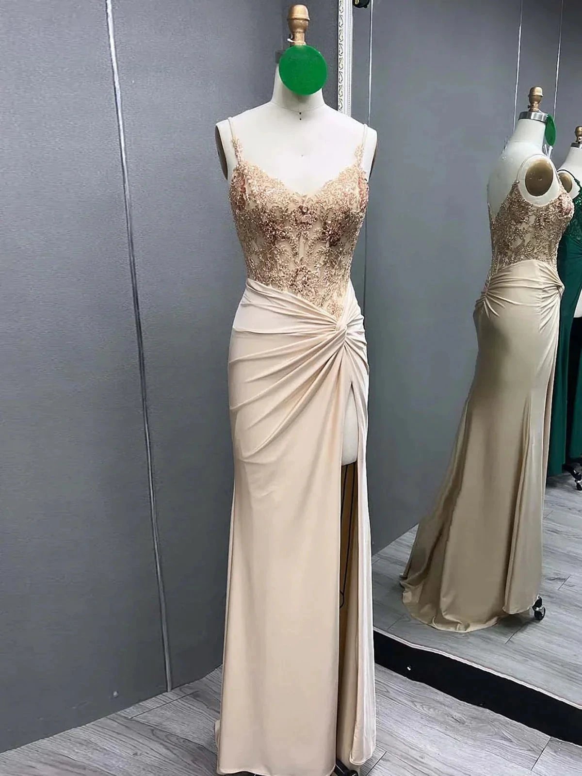 Rafenild | Green V Neck Beading Satin Long Slit Prom Dresses by KissProm