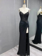 Rafenild | Green V Neck Beading Satin Long Slit Prom Dresses by KissProm