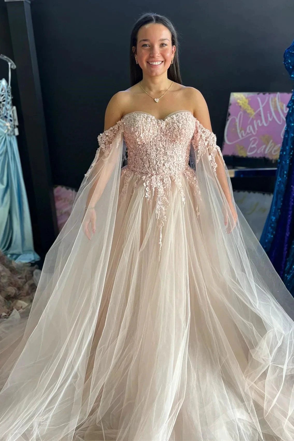 Ralap | Blush Pink 3D Floral Lace Off-the-Shoulder Ball Gown by KissProm