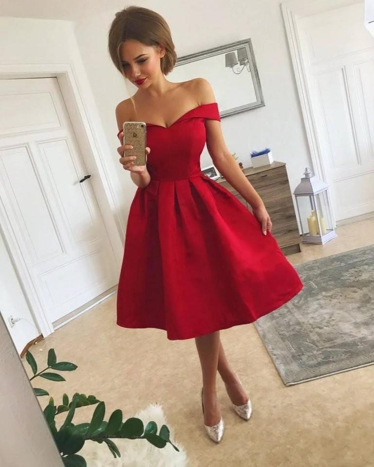 Red A Line Off-the-shoulder Satin Short Prom Dress by BIZTUNNEL